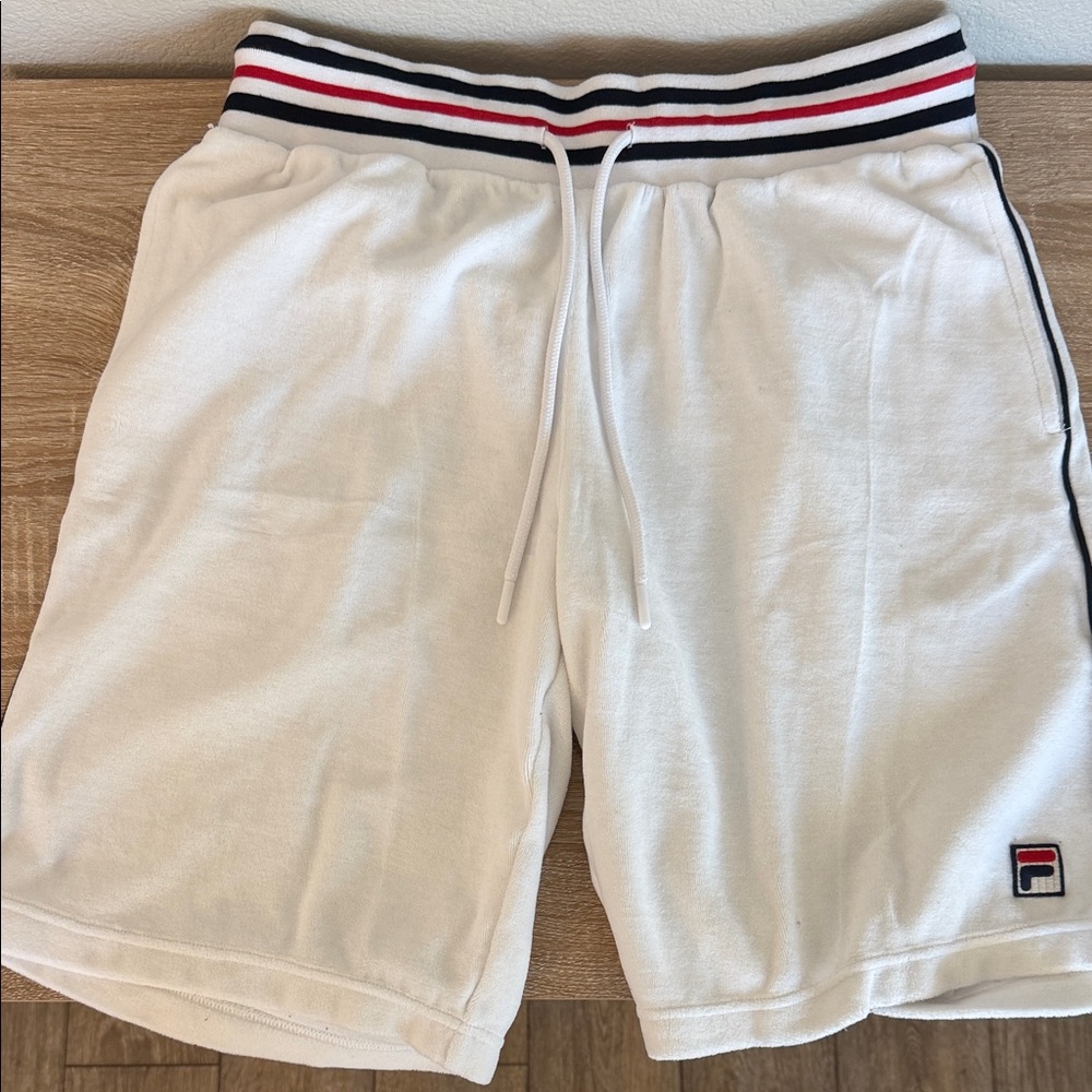 Fila Rare White Terry Shorts with Navy and Red Waistband